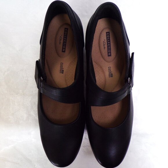 CLARKS COLLECTION size 9.5M black mid-heel Mary-Jane pumps cushioned insoles - Picture 9 of 14
